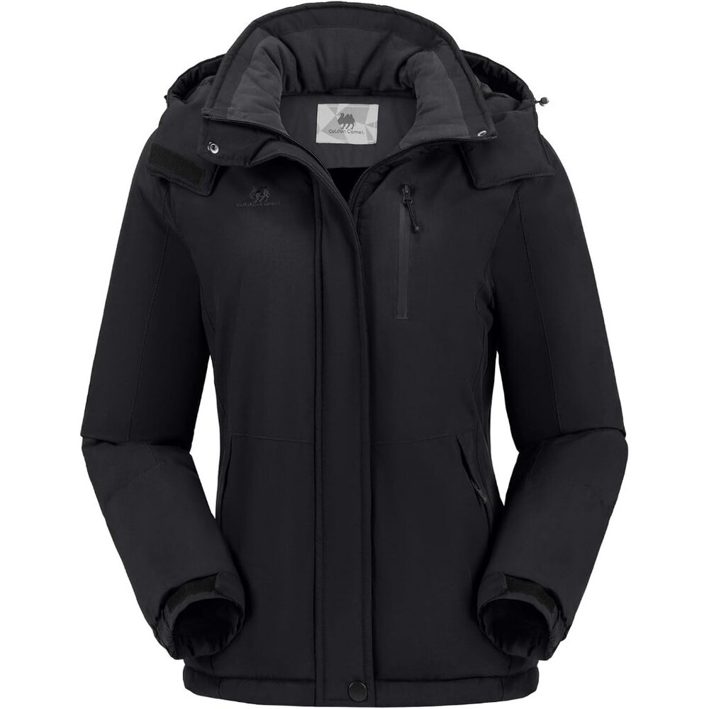 Women's All Black Snow Ski Hooded Jacket Coat Mountain Snowboarding Waterproof